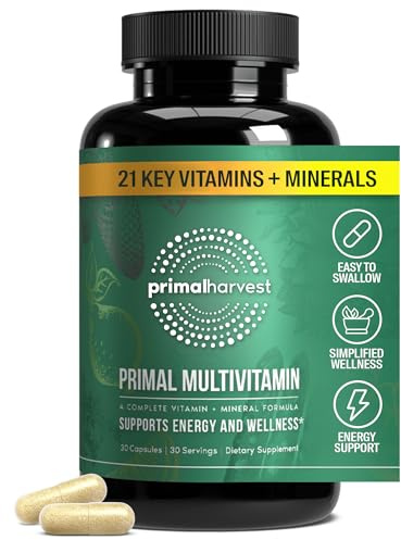 Primal Harvest Primal Multivitamin - Daily Multi-Vitamin Supplement with 21 Essential Vitamins & Minerals for Women & Men - Vitamin A, C, D, E, B12, B6, Biotin, Folic Acid, Zinc, Copper & Selenium