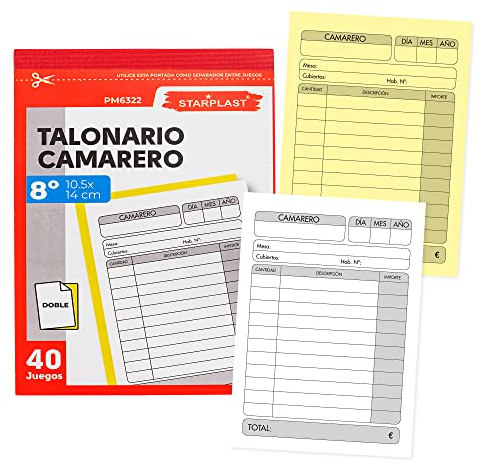 TALONARIOS DE CAMARERO STARPLAST - Talonarios tamaño 14x10.5cm, 8º natural, con duplicado, 40 Juegos - Pack 6 Unidades