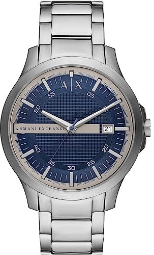 Armani Exchange Watch for Men, Quartz Three Hand Date Movement and 46mm Case Size with Stainless Steel Strap, Light Grey and Blue