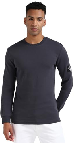 Calvin Klein Men’s Basic Badge Waffle Long Sleeve Top, Grey (Ebony), XXS