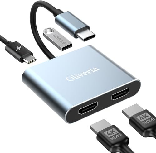 Oliveria USB C zu Dual HDMI Adapter, Unterstützung Dual 4K@30Hz USB C Multiport Adapter Thunderbolt 3 auf HDMI, PD 100W Ladeanschluss, USB 3.0 Anschluss MacBook/MacBook Pro/Air, Chromebook, Dell, HDTV