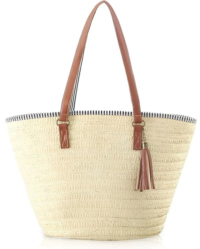 LATRAT Sac à main en paille pour femme, grand panier tressé, sac à bandoulière, sac en paille avec fermeture éclair et bandoulière en cuir, beige