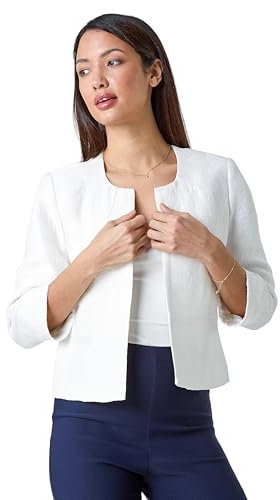 Roman Originals Cropped Bolero Jacket for Women UK Ladies Wedding Guests Shrug Jacquard Tailored Fitted Blazer Smart Work Formal Evening Short Round Collar 2 Pockets - Size 12 - Plain Ivory