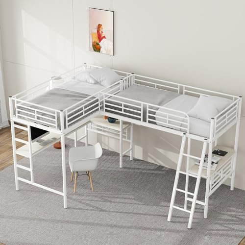 Hochbett Metallbett 90 × 200cm mit Schreibtisch, L Form Doppelbett Eisenbett Bettgestell mit Doppeltreppe und Hohes Geländer für Jugendliche oder Kinder (Weiß)