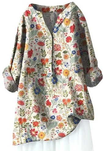 Women Oversized Cotton Linen Shirts Button Down Summer Blouse Roll-Up Sleeve Tops Tunic Trendy Boho Ladies Clothes 2024(Zd Beige,XX-Large)