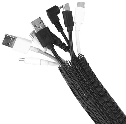 QWORK® Protector de Cables 2 m, 25-39 mm Tubo Revestimiento Cable Trenzado Autoenrollable Blanco, para Escritorio, TV, Computadora