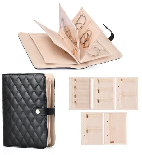 Amexo Boîte à Bijoux de Voyage Pochette Bijoux Voyage Femme Livre de rangement pour bijoux avec 5 pochettes à bijoux en velours pour Boucles d'Oreilles Bagues Chaînes (Rose)