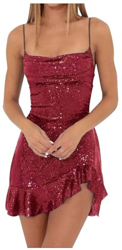 Bauzuoyo Vestido de mujer con lentejuelas irregulares con volantes, tirantes delgados, sexy, corto, latino, vestido de baile, minivestido de mujer, vestido de cóctel, fiesta, lápiz, rojo, S