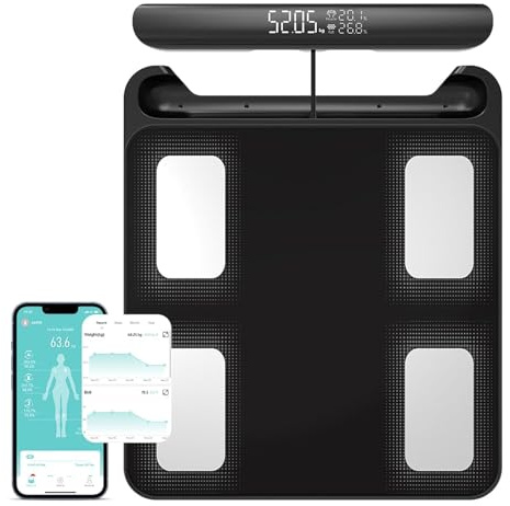 Fitdays FG2202WB - Báscula inteligente de análisis corporal con 8 electrodos, 20 métricas, indicador de color Bluetooth para músculos, grasa y agua, sincronización familiar