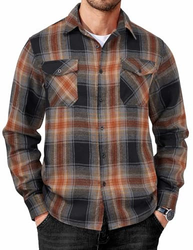 COOFANDY Men's Flannel Shirt Long Sleeve Plaid Cotton Button‑Down Shirt for Men Casual Workwear Black-Orange
