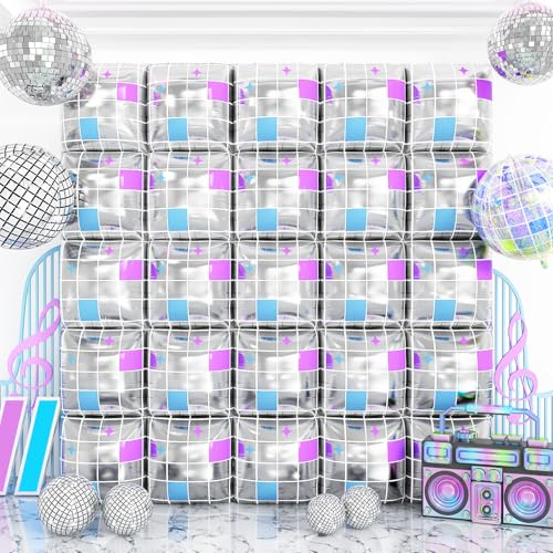 Silver Square Foil Balloon Wall,25Pcs Double Sided Balloons Backdrop Helium Polyester Balloon Tunnel Arch Garland Kit for Disco Party Birthday Bridal Anniversary Baby Shower Party Decorations