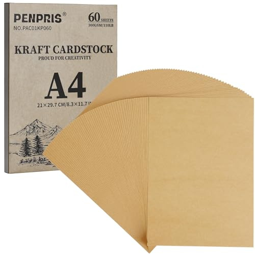 300GSM A4 Kraft Brown Cardstock - 60 Sheets Card Paper 110lb Thick Paper for Christmas, Card Making, Postcards, Invitation PAC01KP060