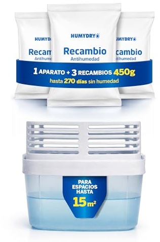 HUMYDRY - Deshumidificador Premium 450g con Sistema Antiderrame + 3 Recambios de 450g – Sin Electricidad - Controla Humedad Olores en Espacios Medianos - Hasta 15 m²