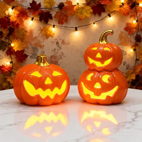 IWTBNOA 2 Stück Herbstdeko Kürbis aus Keramik, Herbst Deko Innen Kürbis Laterne Beleuchtet, Halloween Deko Kürbis mit Gesicht, LED Pumpkin Lampe für Erntedankfest Halloween Dekoration