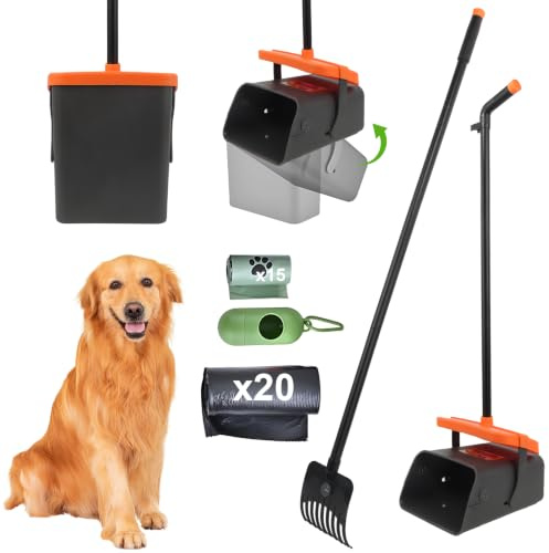 LPQKCcY Dog Pooper Scooper with 46 Long Handle – No Bending Poo Picker, 5.2L Odour-Seal Swivel Bin for Large Dogs, Rake & 35 Extra Thick Bags for Garden, Grass & Patio