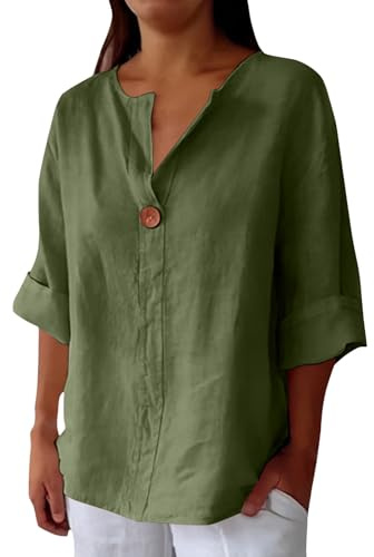 Blouse White Linen Ladies Tops 2026 Cotton Linen Shirt Women Summer Half Sleeve T-Shirt Fashion V Neck Shirts Casual Baggy Tunic Top Solid Plain Trendy Blouse Green L