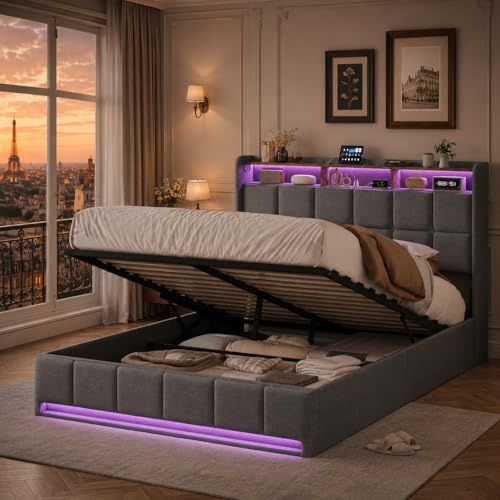 KRYZOR Sängklädsel, 140 x 200 cm med sänglåda, hydraulisk förvaringssäng med LED och USB, ungdomssäng, med dolt förvaringsutrymme i sänggavel, modern sängram med ribbotten (grå-C, 160 x 200 cm)