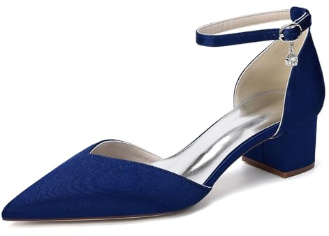 Generico Scarpe Sposa Donna in Raso con Cinturino alla Caviglia Tacco Largo Punta Affusolata Décolleté Eleganti,Navy Blue,37 EU