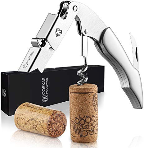 CORKAS Tire-bouchon Professionnel, Couteaux de Sommelier,Décapsuleur Manuel à Double Ailette, Coupe-Capsule et Ouvre-bouteille, Tire-bouchon de Serveur (C-Acier inoxydable)