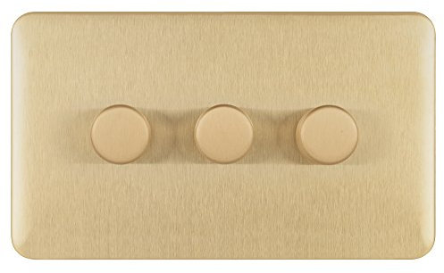Schneider Electric Lisse Screwless Deco - 3 Gang Universal 2 Way Dimmer Light Switch, 250 W/VA, GGBL6032CSBS, Satin Brass