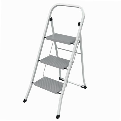 WERKA PRO Marchepied Pliable 3 Marches - Métal Peint - Garde-Corps Sécurisé - Hauteur 105 cm - Compact et Robuste - Charge Maximale 150 kg - Stabilité Excellente