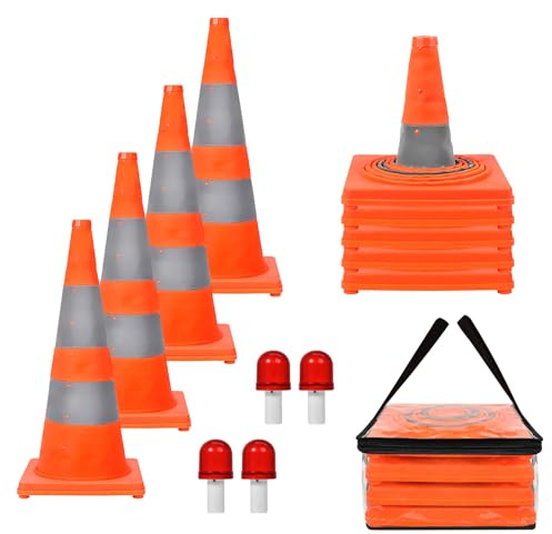 WHDZ Uppsättning av 4 vikbara trafikkoner med LED-ljus, multifunktionell reflekterande, orange, 71,1 cm