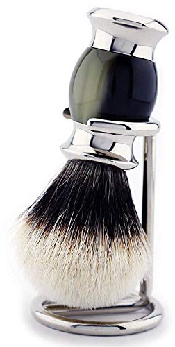 Silver Tip Badger Hair Shaving Brush Made of Horn Replica Handle & Brush Stand