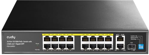 Cudy 100Mbps Ethernet Unmanaged PoE+ Switch, 200W, 16 FbE Ports, 802.3af/at Mode A, 1 Gigabit SFP, 2 GbE Uplink, Desktop, Rack-Mount, FS1018PS1