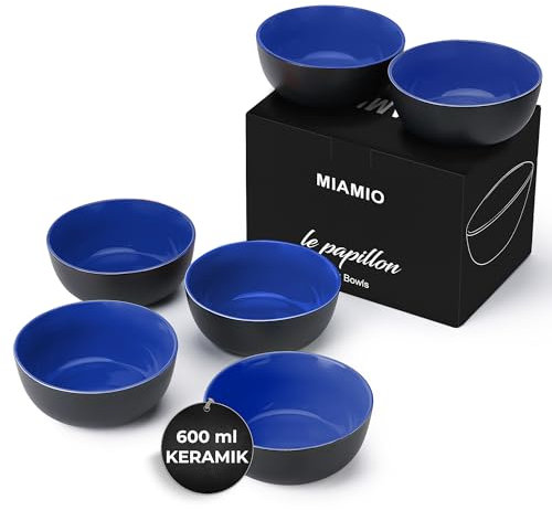 MIAMIO - 6 x 600ml Juego De Cuencos/Tazones Exterior Negro Interior De Color - Le Papillon Colección (Azúl)