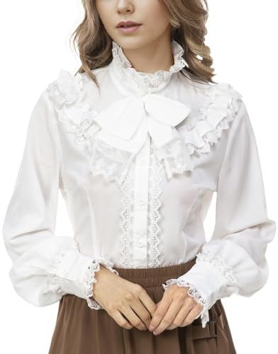 Women Victorian Blouse Long Sleeve Shirts Stand Collar Lotus Ruffle Medieval Gothic Tops White