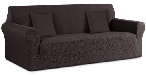 Ruaozz Stretch Sofa Cover 1 Piece Couch Covers for 3 Cushion Couch Non Slip Universal Sofa Slipcover Washable Soft Jacquard Furniture Protector with 2 pcs Throw Pillow Covers (3 Seater, Chocolate)