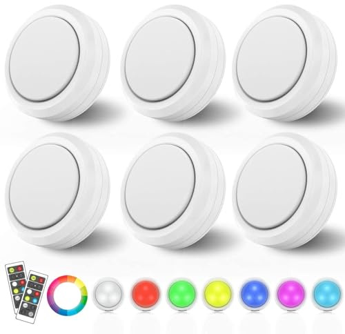MOUJUCHI Puck lampor, RGB underskåp lampor trådlösa LED-lampor batteridrivna under skåp lampor dimbar RGB nattlampa med fjärrkontroll för kök garderob trapphylla, 6-pack