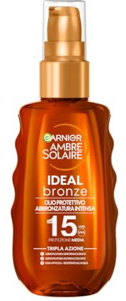 Garnier Olio Protettivo Abbronzante Spray, Protezione Media SPF 15+, Abbronzatura Dorata e Intensa, Pelle Protetta e Baciata dal Sole, Resistente all'Acqua, Ambre Solaire, Ideal Bronze, 150 ml