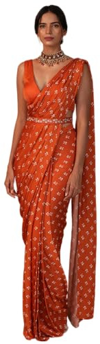 BE4ME.COM Alia Bhatt Floral Printed Satin Silk Saree - Celebrity Inspired Bollywood Partywear (Orange 1)