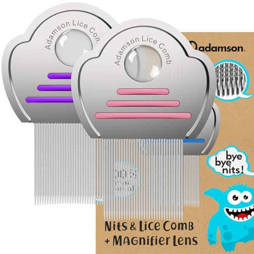 Adamson Läusekamm Kinder - Lice Comb - Edelstahl Nissenkamm Extra Fein - Effektiver Läusekamm Nissenkamm - Langlebig und Leicht zu Reinigen - Rosa und Lila Set