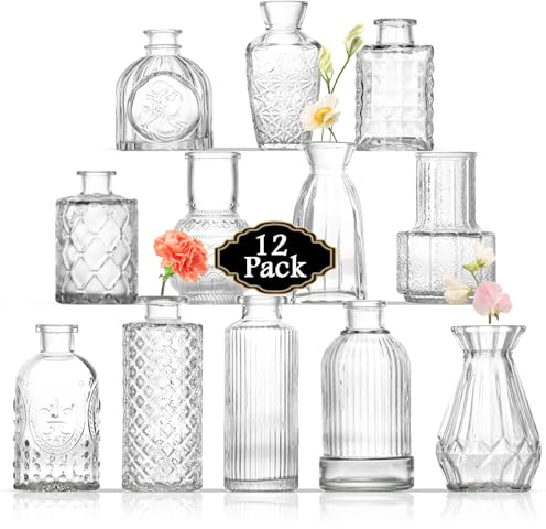 ROLLSCERAY Lot de 12 petits vases à bourgeons en verre pour centres de table, petits vases à fleurs pour centres de table, mini vases vintage pour décoration de table de mariage