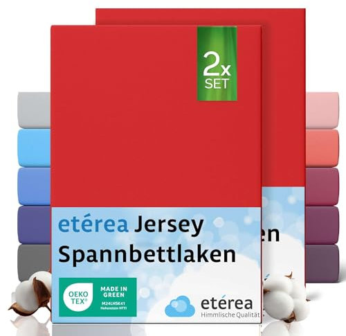 etérea Jersey 2er Set Spannbettlaken 90x200cm - 100x200cm Rot bis 25 cm Höhe - 100% Baumwolle Spannbetttuch Oekotex - Doppelpack Bettlaken 90x200 cm - 100x200 cm - Red