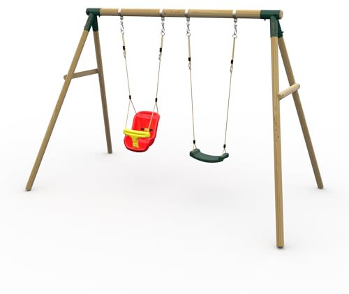 Plum Play Kids Outdoor Wooden Round Pole Garden Swing Set with Ground Anchors - Safe Sturdy A Frame - Suitable for up to 50kg per accessory - Up to 5 year Warranty (Double Green with Baby Seat)