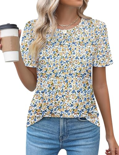 Chicrise T-shirt pour femme estival à manches courtes, plissé, col rond, élégant, décontracté, mode, top, Medium