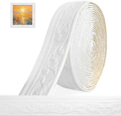Bordüre Selbstklebend 3D Stuckleisten Wand - 10m x 8cm x 5mm - Zierleisten Selbstklebend, Wasserdicht Wandbordüre, Leisten Selbstklebende, Roll Border Trims für Ecken Linien Decken Dekoration, Weiß