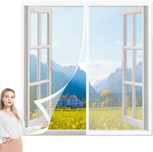 Moustiquaire de Porte Ou Fenetre Magnetique 93 x 110 cm Moustiquaire de Balcon Respirantes Maille Ultra Fine pour Fenêtres Porte, Blanc