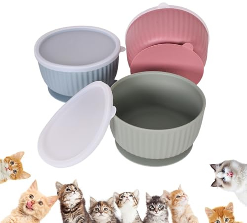 3 Bols en Silicone pour Chat avec Couvercles, Set de Gamelles Anti Dérapantes à Ventouse, pour Nourriture Sèche, Nourriture Humide et Eau, Convient aux Chatons et Petits Chiens