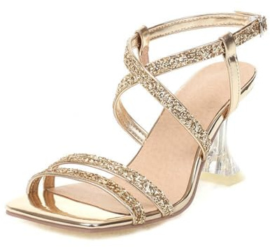 Donna Cinturino Tacco Alto Sandali Estivi Punta Aperta Glitterate Décolleté da Vestito Tacco Chiaro Sandali da Ballo per Feste con Fibbia,d'oro,35 EU