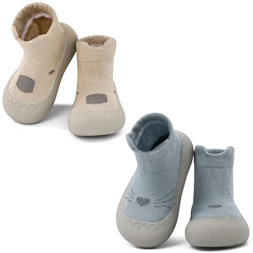LACOFIA 2 Paia Scarpe Primi Passi Bambino Scarpe Calzino Neonato Traspiranti con Suola in Gomma Kaki+Blu 18-24 Mesi