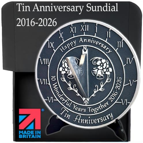 Anniversary Sundial Gift for 10th Tin Wedding Anniversary in 2026 - Recycled Metal Home Decor Or Garden Present Idea - Handmade in UK for Him, Her Parents Or Couples 10 Year Celebration