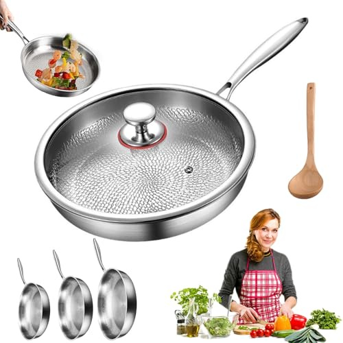 Gienslru 26/28/30cm Padella In Titanio Puro, Padella Titanio Martellato Senza Rivestimento, Lavabile In Lavastoviglie, Fino a 750 °F, Funziona Su Ogni Piano Cottura (Con coperchio, 28cm)