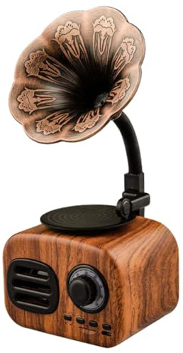 Kisangel Enceinte sans Fil Portable Rétro de Gramophone Phonographe, Mini Haut-Parleur Fente Carte, Haut-Parleur de Basses en Bois de Noyer, Compatible Smartphone et Tablette, Présent