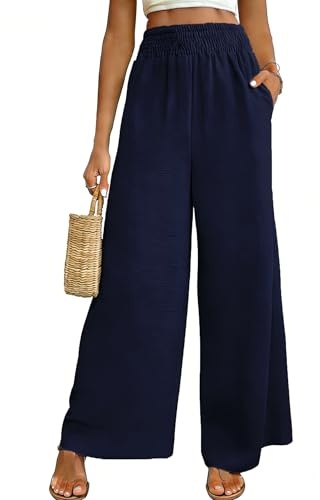 Vossmi Pantaloni Donna Casual Alta Vita Pantaloni Estivi Palazzo Elastica in Vita Pantalone Invernali Comodi Donna Curvy 3/4 Pantalone Lunge Gambe Larga Blu Navy,M