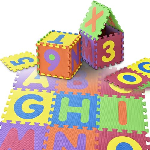 Juskys Tappeto puzzle Kim per bambini 36 pezzi con lettere A-Z e numeri 0-9 - puzzle antiscivolo e lavabile da 10 mesi - schiuma EVA - tappeto da gioco