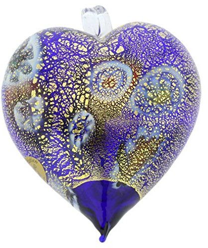 Glas Venedig Murano glas hjärta julprydnad Millefiori blå och guld. Blåst glas julprydnad för semesterdekor, italiensk handgjord